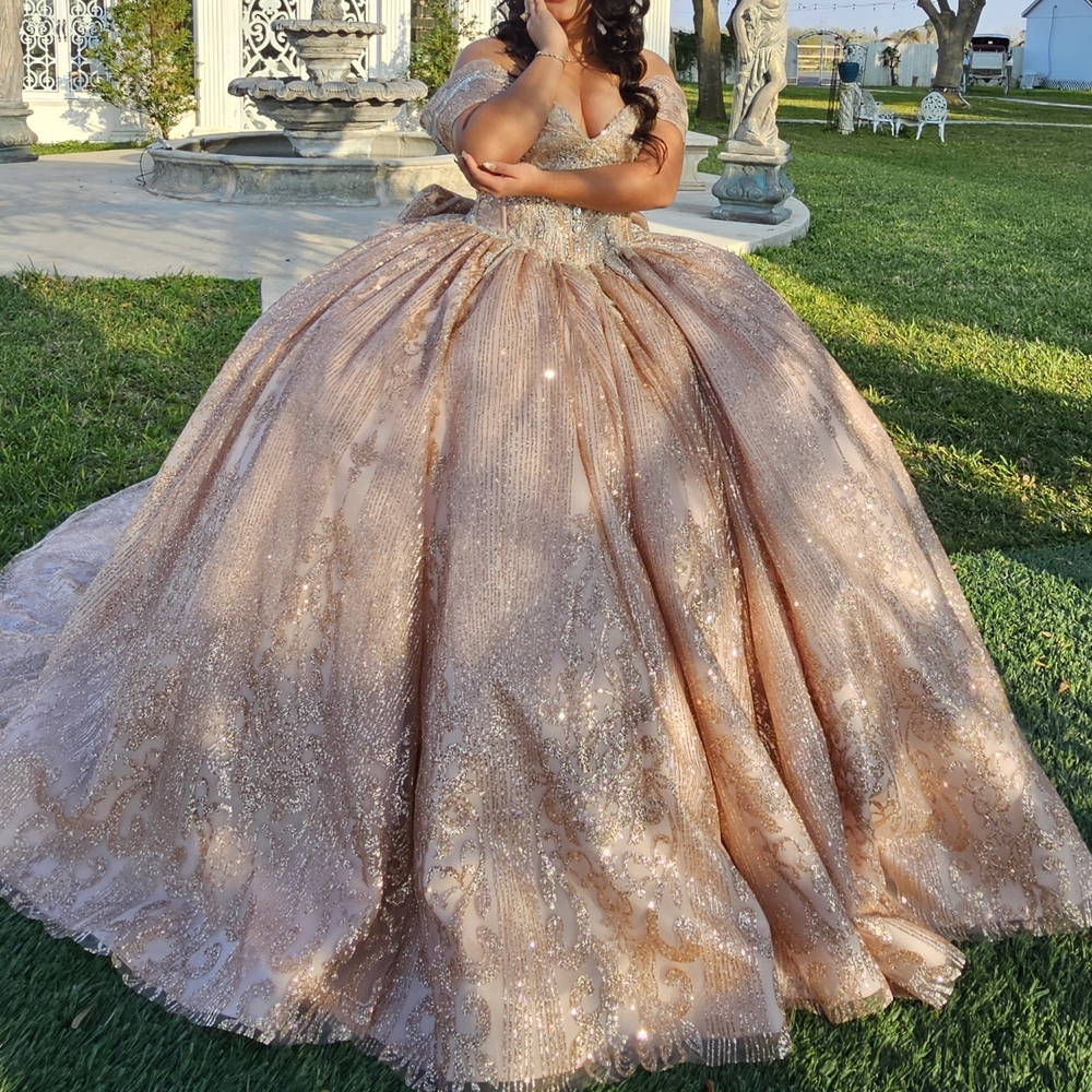 Glittering Champagne Off-Shoulder Ball Gown Prom Dress